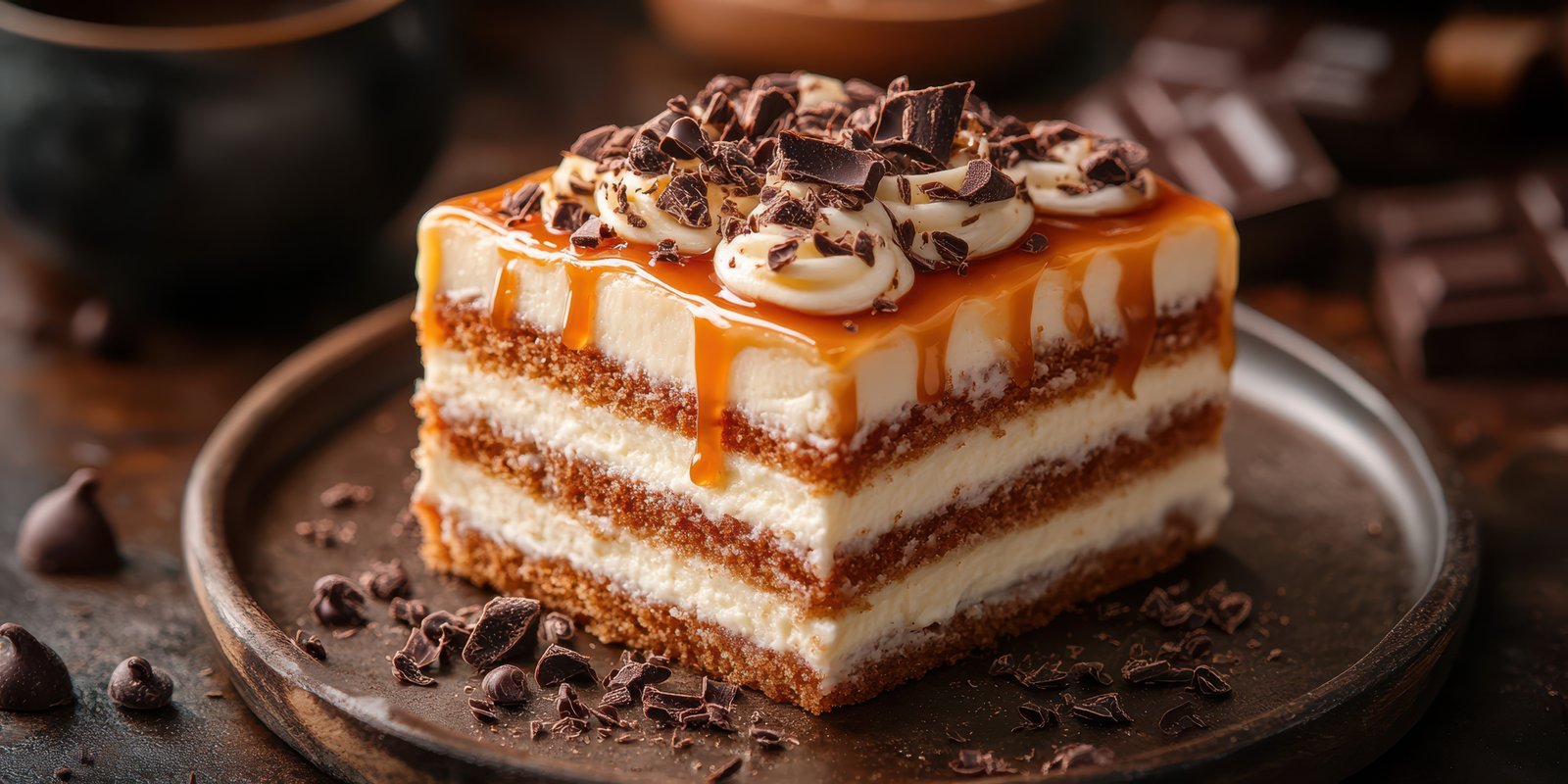 Decadent layered dessert featuring rich chocolate topped with creamy frosting and caramel drizzle on a dark plate